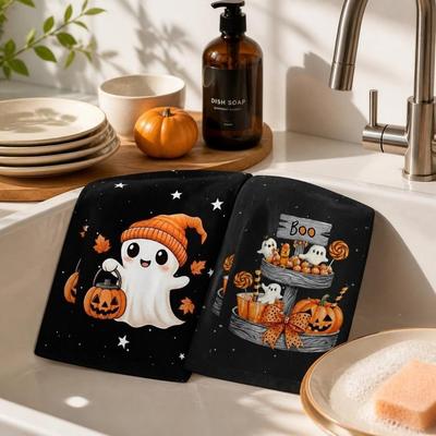 2 Pcs Reusable Ghost Halloween Dish Towels Pumpkin Cat Hand Towel Funny Strong Absorbent Dishcloth Halloween