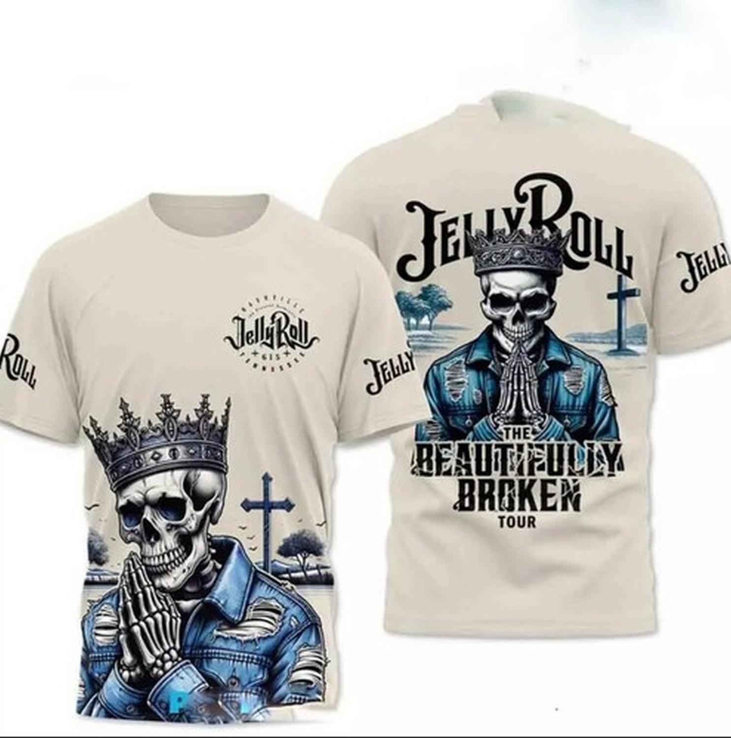 Jelly Roll The Beautifully Broken Tour Biege 3D T-Shirt XXXL