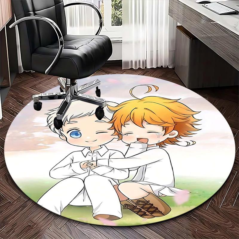 1pc The Promised Neverland Chibi Characters Round Carpet Anime Design Office Chair Mat, Non Slip Rug for Home Decor