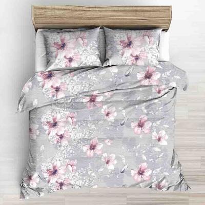 Grey 160X200 Flannel Bedding Large Pink Drawn Flowers