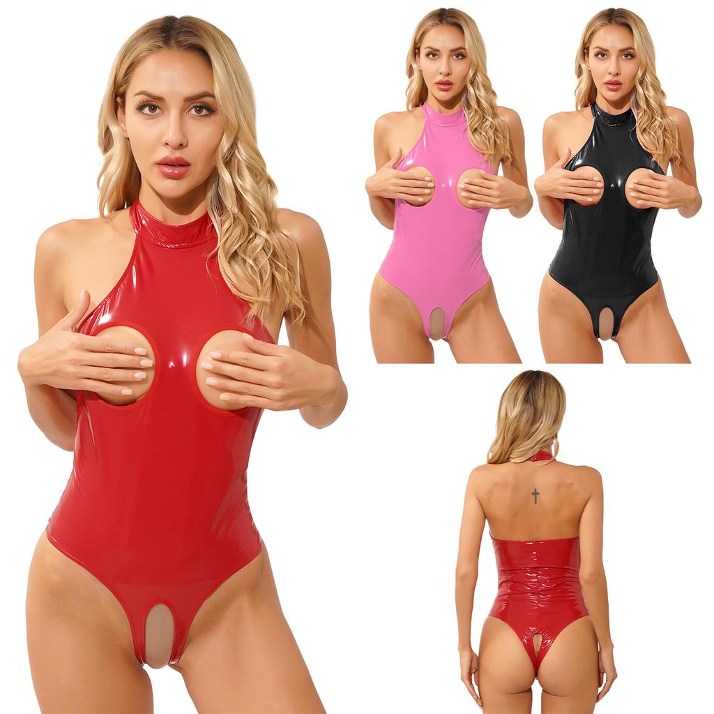 Plus Size Womens Sexy Cutout Patent Leather Bodysuit Halter Neck Backless Crotchless One Piece Sexy Costume