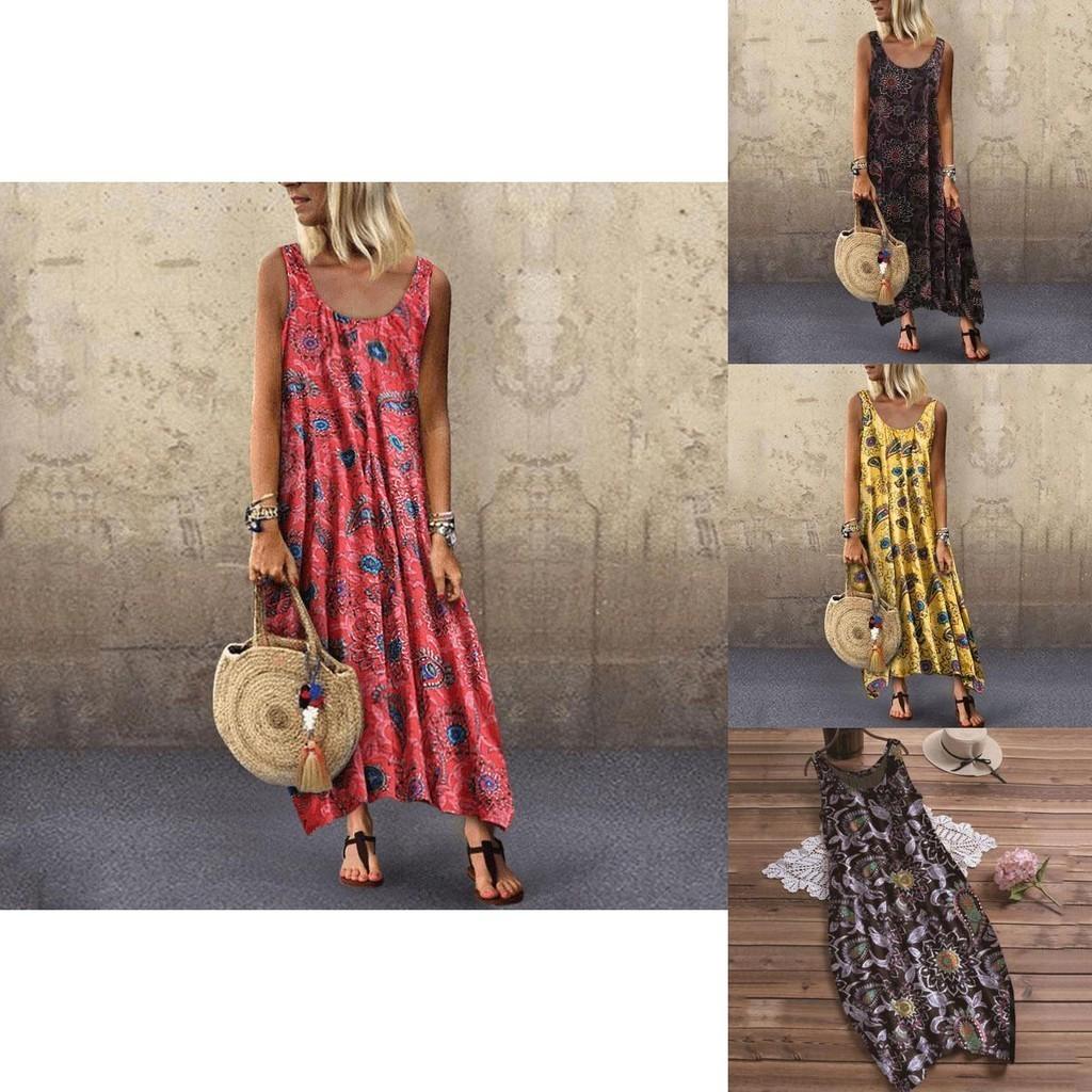 Elegant Womens Summer Sleeveless Holiday Long Boho Kaftan Tank Dress For Beach