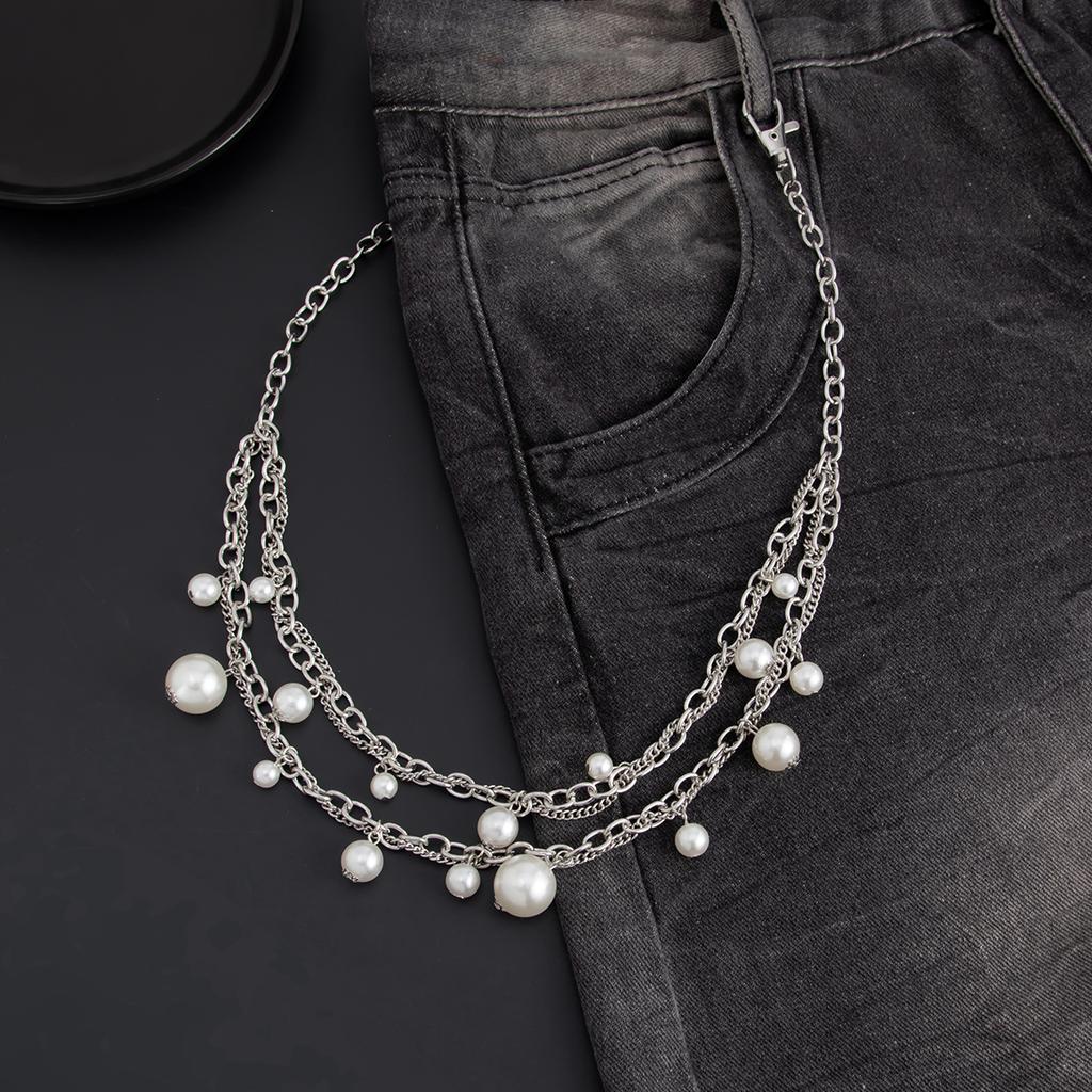 Salircon Punk Metall Imitation Perle Hosenkette Herren 2026 Trendige Silberfarbe Handgefertigte Perlen Jeans Taillenkette Schmuck Zubehör