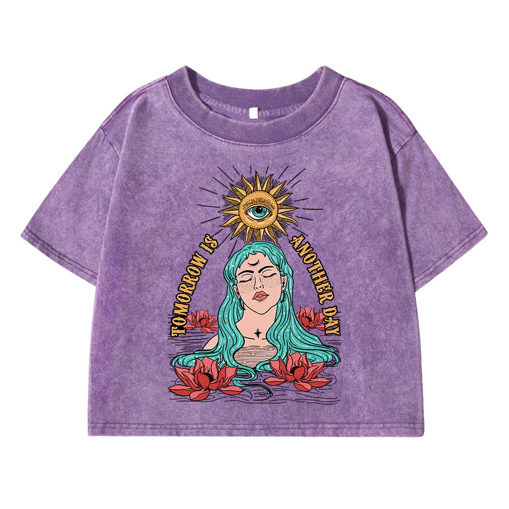 Goddess Of The Sun Printing Female Washed Short T Shirt Summer Casual Tshirt Street Clothes Fashion Loose Distress Tee