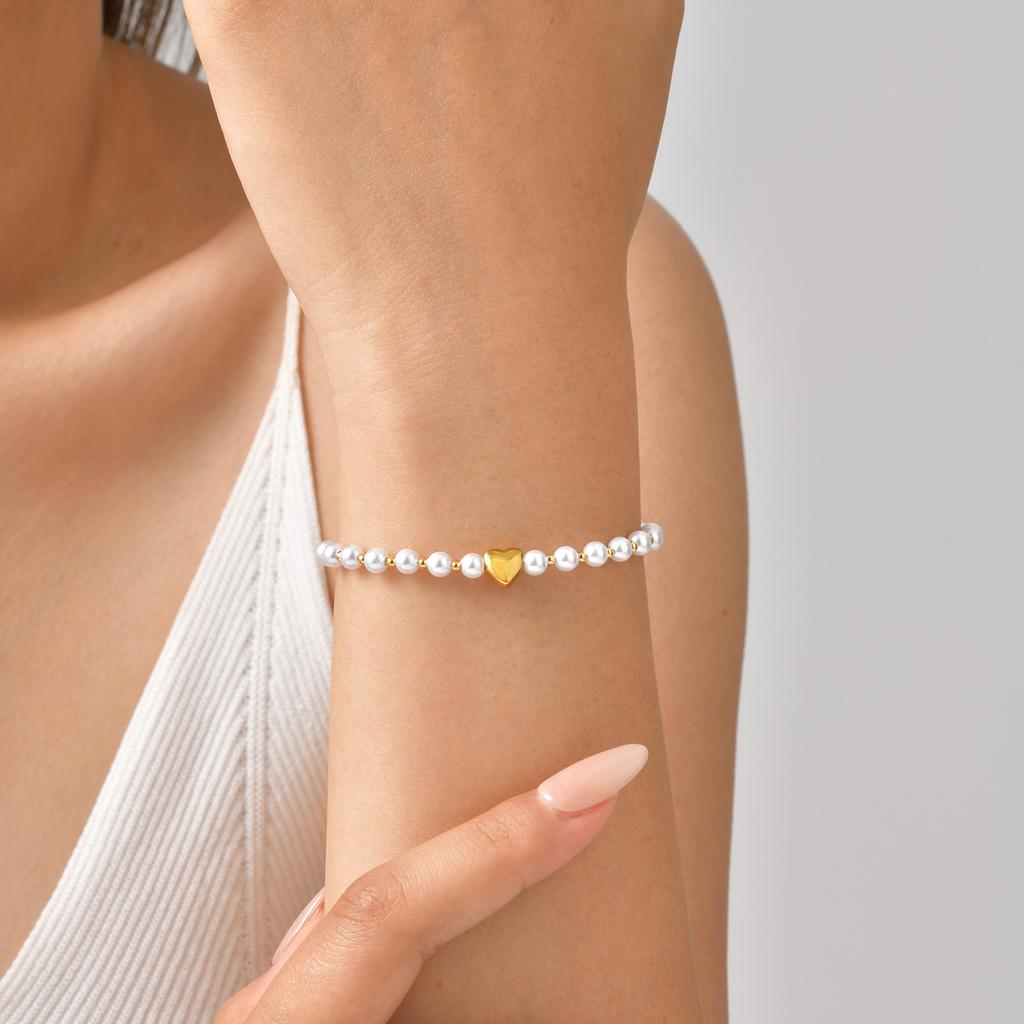 French Elegant Jewelry, Stainless Steel Imitation Pearl Heart Bead Bracelet Br-2733
