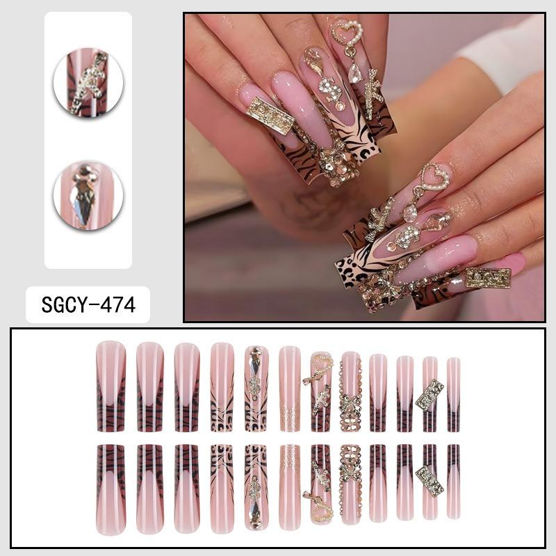 European and American cross-border water pipe nail heavy industry alloy bow gold diamond-encrusted nail leopard print long fake nail manicure