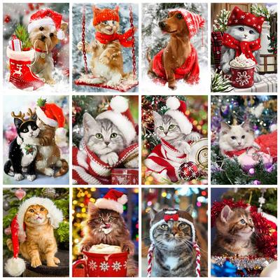 Diamond Painting Full Drill Cat Christmas Hat Square/round Embroidery Mosaic Animals Cross Stitch Home Decor