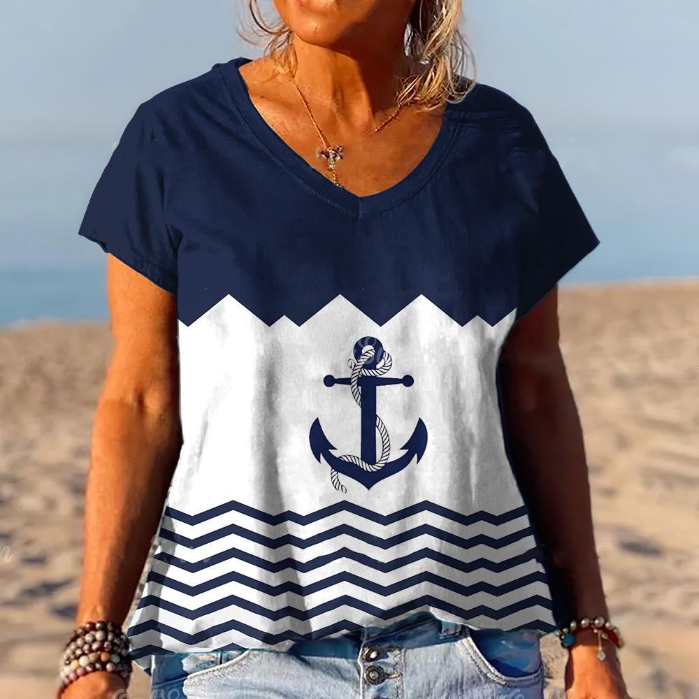 Summer Striped Anchor 3D Print T-Shirts Women V-Neck Short Sleeve T Shirt Y2k Harajuku Tees Casual Loose Tops Female Clothing