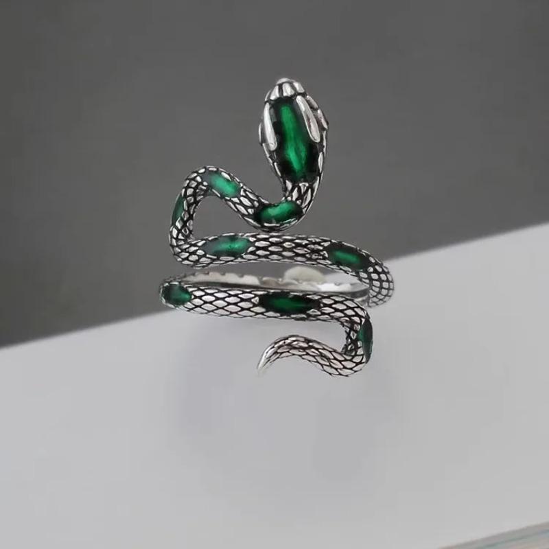 925 Silver Rings For Women Vintage Handmade Adjustable Retro Green Snake Ring Fashion Band Female Bijoux Gift