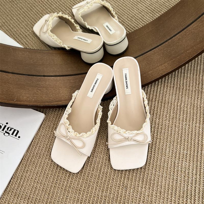Coarse-heeled Bow Shoes Women's Summer Outer Wear Holiday Style Open-toed High-heeled Cool Slippers
