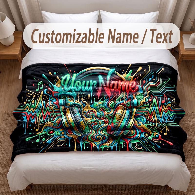 Music Theme Soft Blanket Personalized Custom Name Text Print Warm Blanket Home Sofa Bedroom Decor