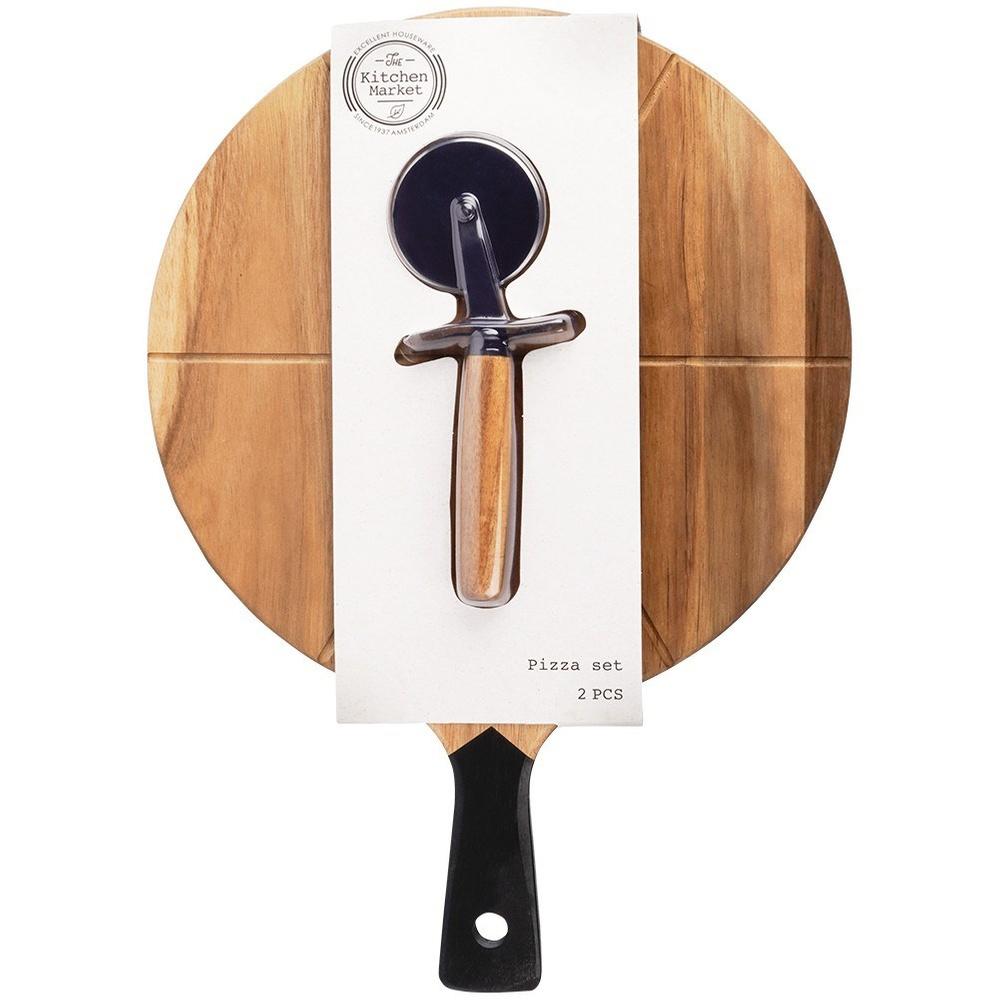 Round wooden pizza board with knife 30 cm 2 pcs.