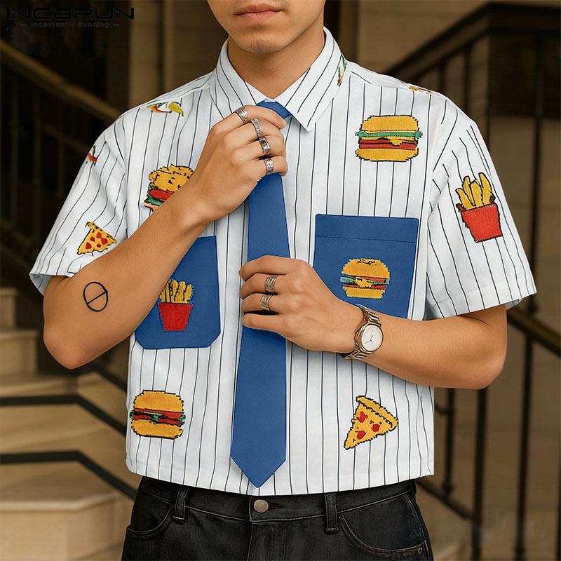 INCERUN Men Tie Lapel Neck Short Sleeve Button Down Cartoon Print Casual Cropped Shirts