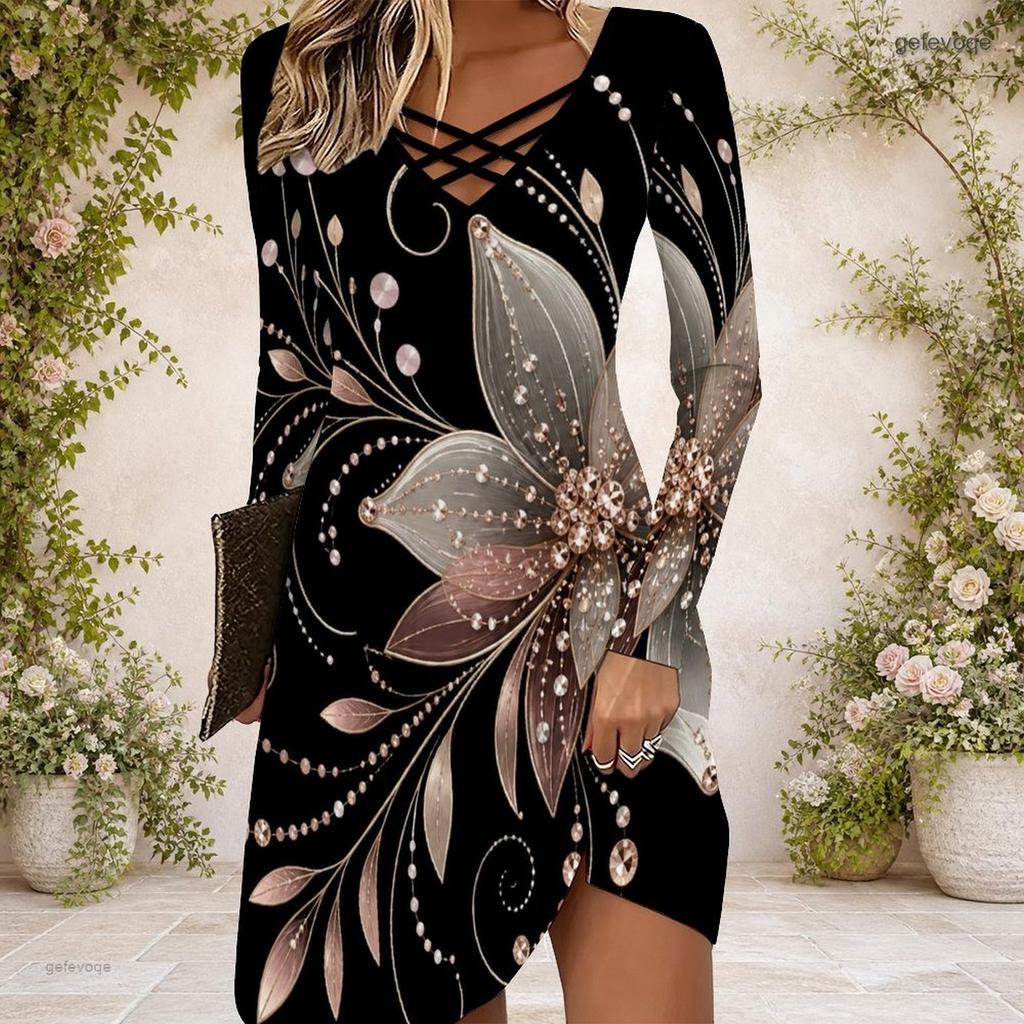 Women S Criss Cross V Neck Long Sleeve Black Floral Printed Fitted Curved Hem Dress