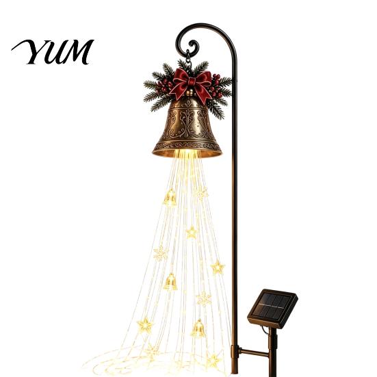 Iron Art Holiday Displays Solar Christmas Bell Waterfall Light, LED Metal Garden Stake with Red Ribbon, Festive Front Yard Illumination Auto