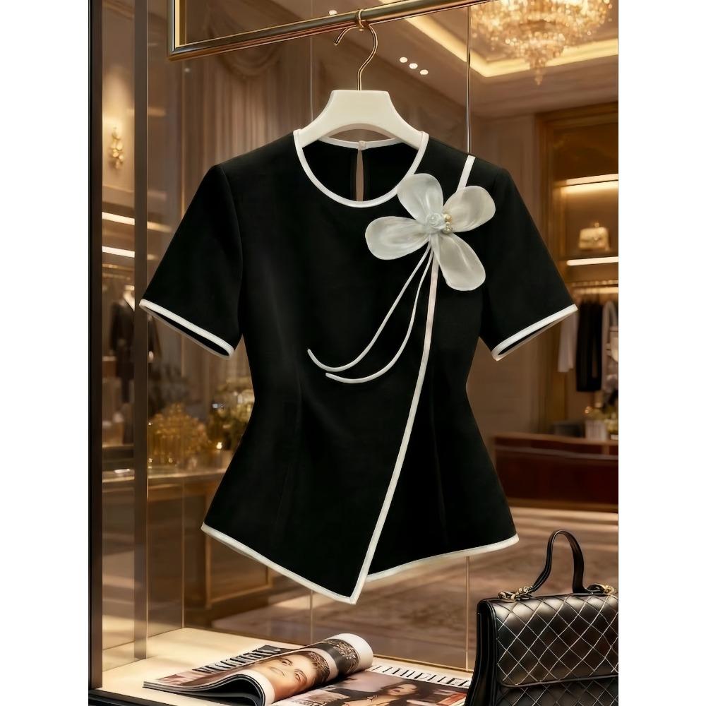 

Women Black White Color Block 3D Flower Fitted Versatile Short Sleeve Top S чёрный