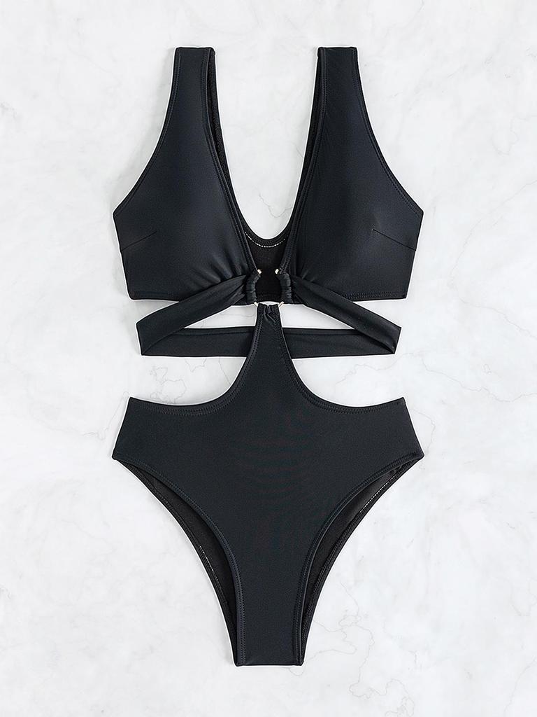 2025 European & American Solid Color Slimming Sexy One-Piece Bikini Swimsuit