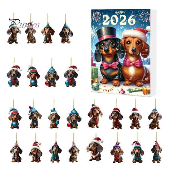 Calendario del Conto alla Rovescia per le Feste Calendari dell'Avvento Bassotto 2026, 24 Giorni Ciondolo Acrilico 2D Set di Ornamenti Cane Carino di Natale Calendario, da Collezione