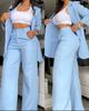 Women's Light Blue Blazer and Wide Leg Pants Suit Set, 2-Piece Formal Wear