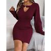 Damen Zopfstrick-Pulloverkleid mit Spitzendetail & Puffärmeln Figurbetontes Bodycon Einfarbig