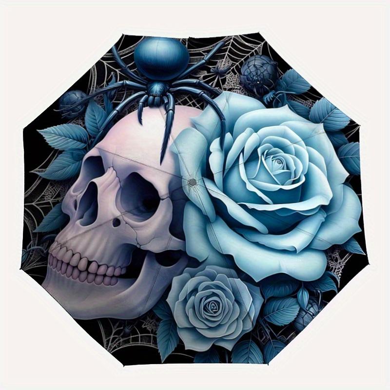 1pc Blue Rose and Spider Pattern Automatic, 8 Iron Frames, High-Value Folding Umbrella, Suitable for Office, Travel and Outdoor Adventure.N013