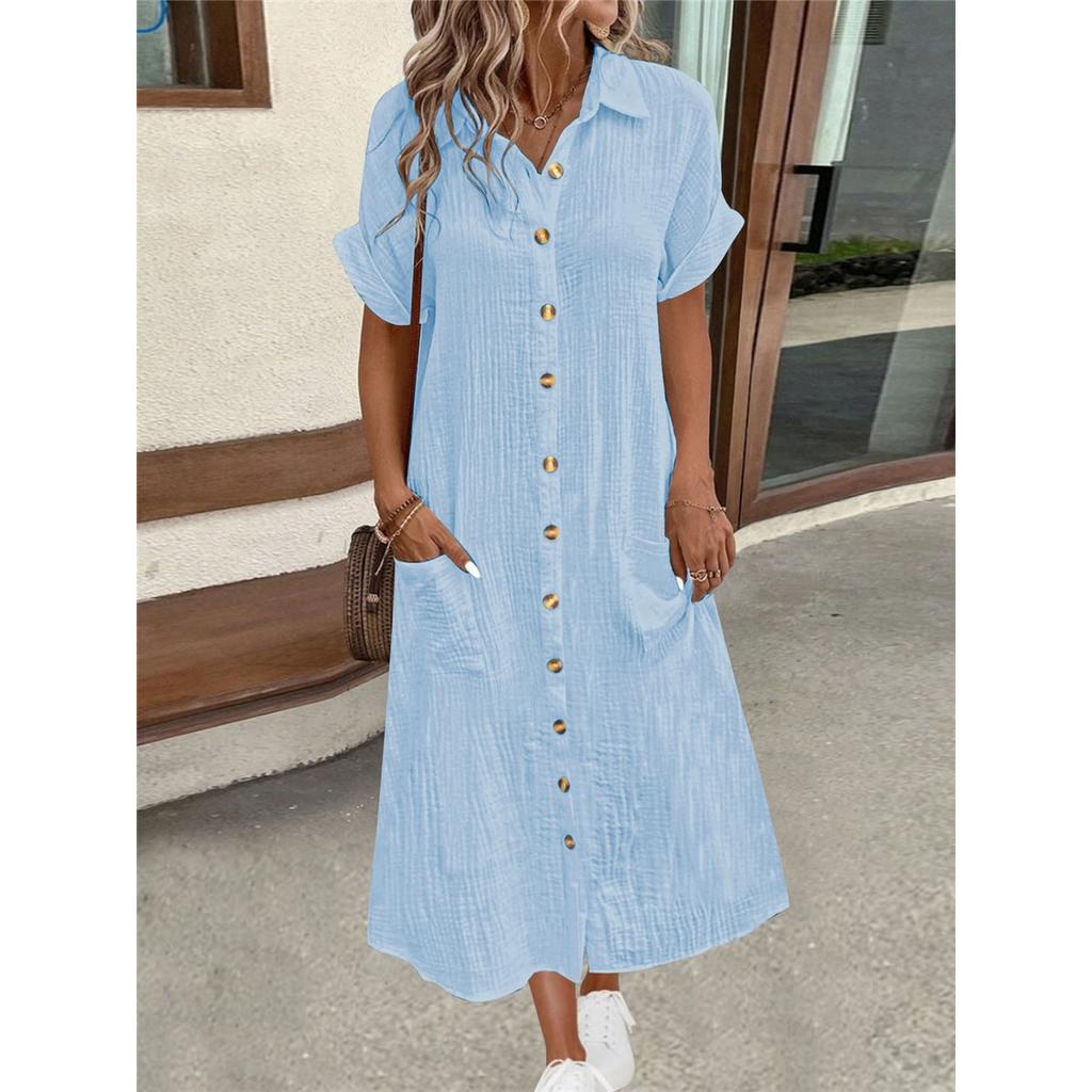 Women's Summer Short-sleeved Lapel Long Shirt Dress
