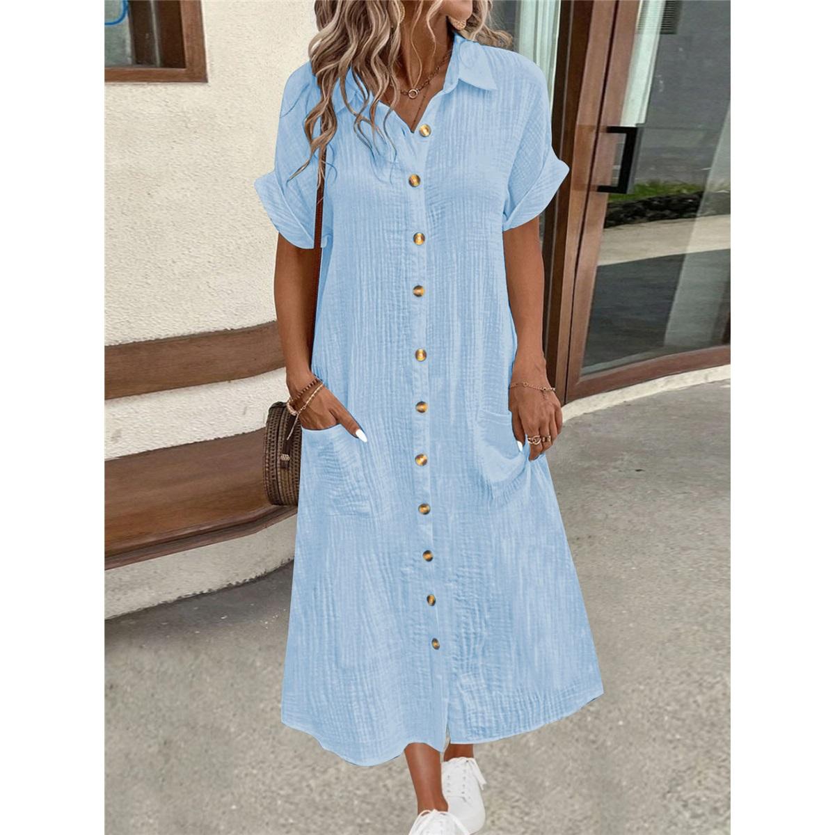 

Женское летнее платье-рубашка с коротким рукавом и лацканами XXL небесно-голубой
