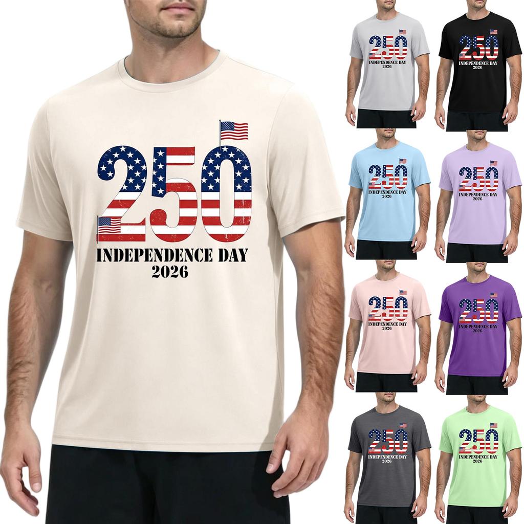 Men's Summer Quick Dry Short Sleeve T-Shirt Lightweight Sun Athletic Top with Independence Day Print for Outdoor Fitness Sports Activities