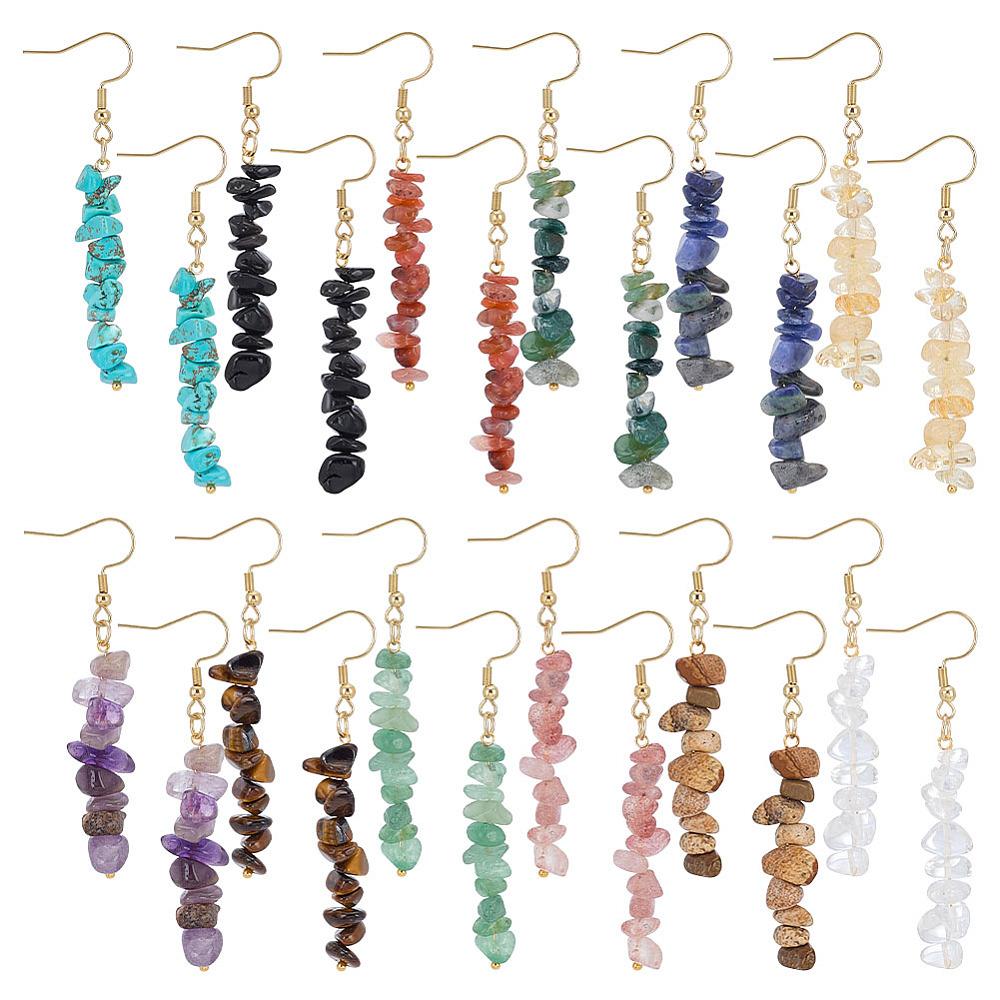 12Pair Natural & Synthetic Gemstone Dangle Earrings, with Brass Findings, 62mm