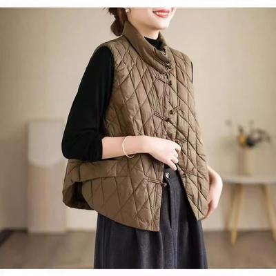Down Jacket Women's Vest Autumn and Winter New Rhombus Grid Buckle Ethnic Style Thin Vest Stand-up Collar Solid Color Vest Jacket