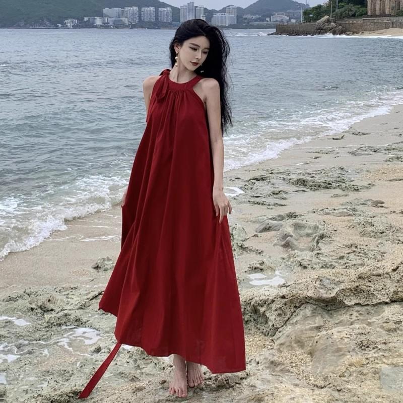 [Original Size] Holiday Wind Neck Red Dress Women's Summer Sanya, Yunnan Seaside Vacation Atmosphere