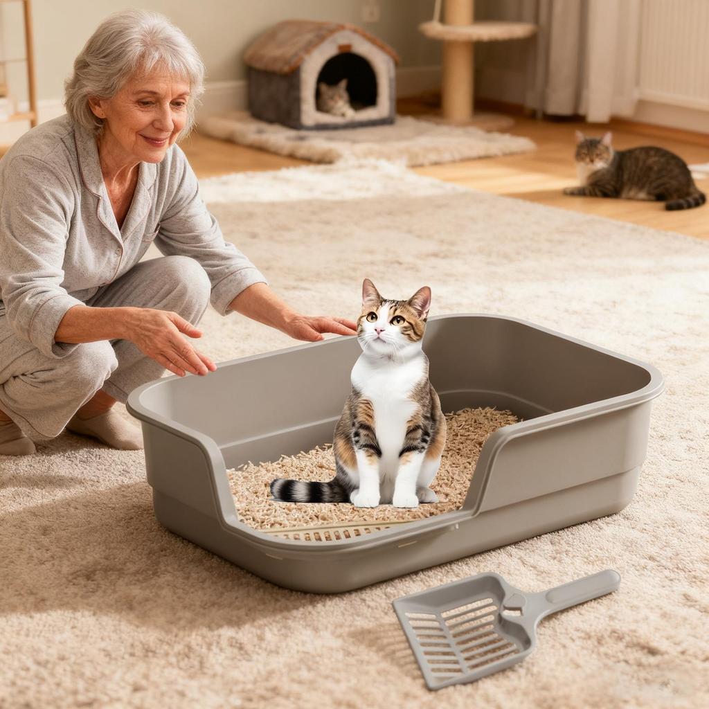 Cat Litter Box Semi-Enclosed High Sides with Scoop Open Top Semi Enclosed Litter Box for Cleaning Odor Control Indoor Office