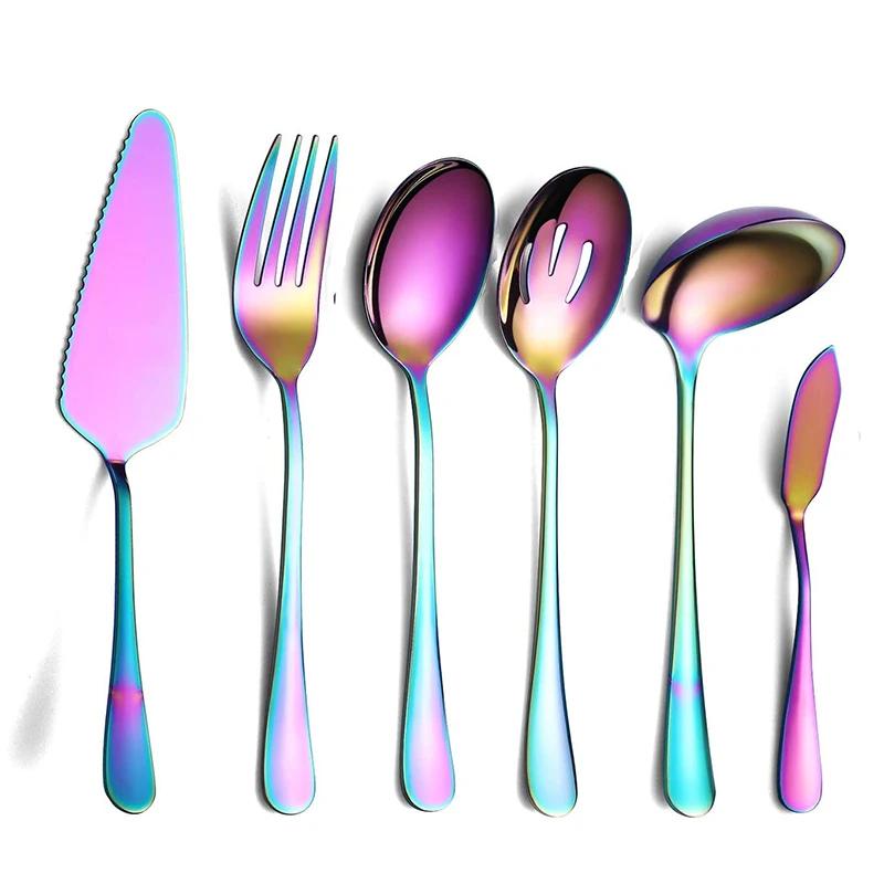 6-Piece Flatware Serving Set, Stainless Steel Serving Utensils Cake Server Slotted Spoon Fork Butter Knife Soup Ladle