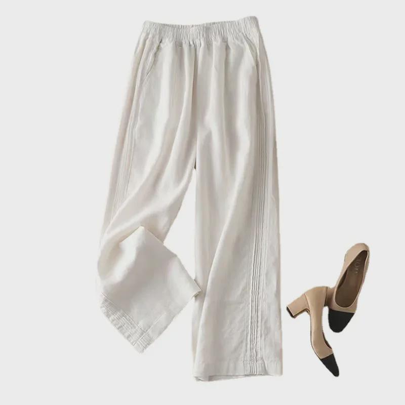 Damskie letnie spodnie z wysokim stanem z bawełny i lnu z szerokimi nogawkami i bocznymi zakładkami - casualowe spodnie z prostymi nogawkami w stylu koreańskim