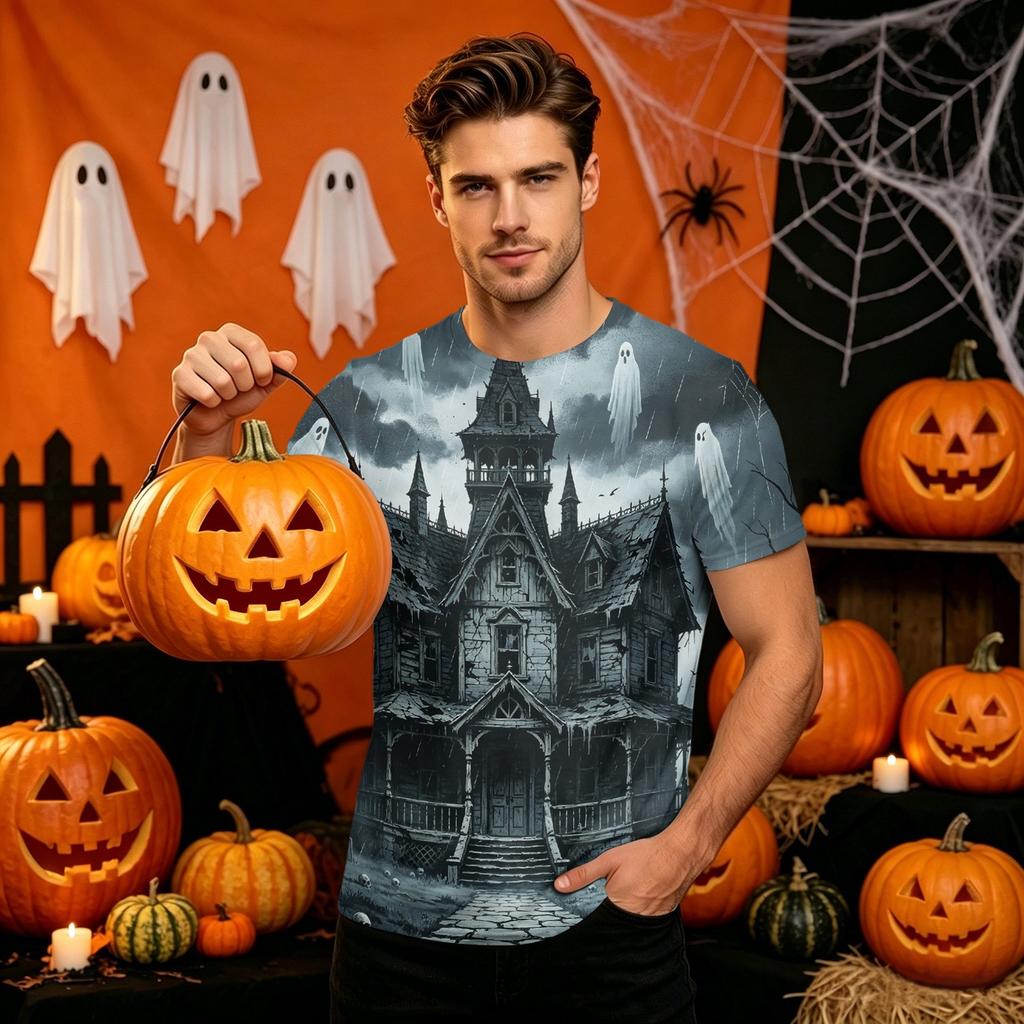 Men's Halloween Printed Neck Short Sleeve T-Shirt