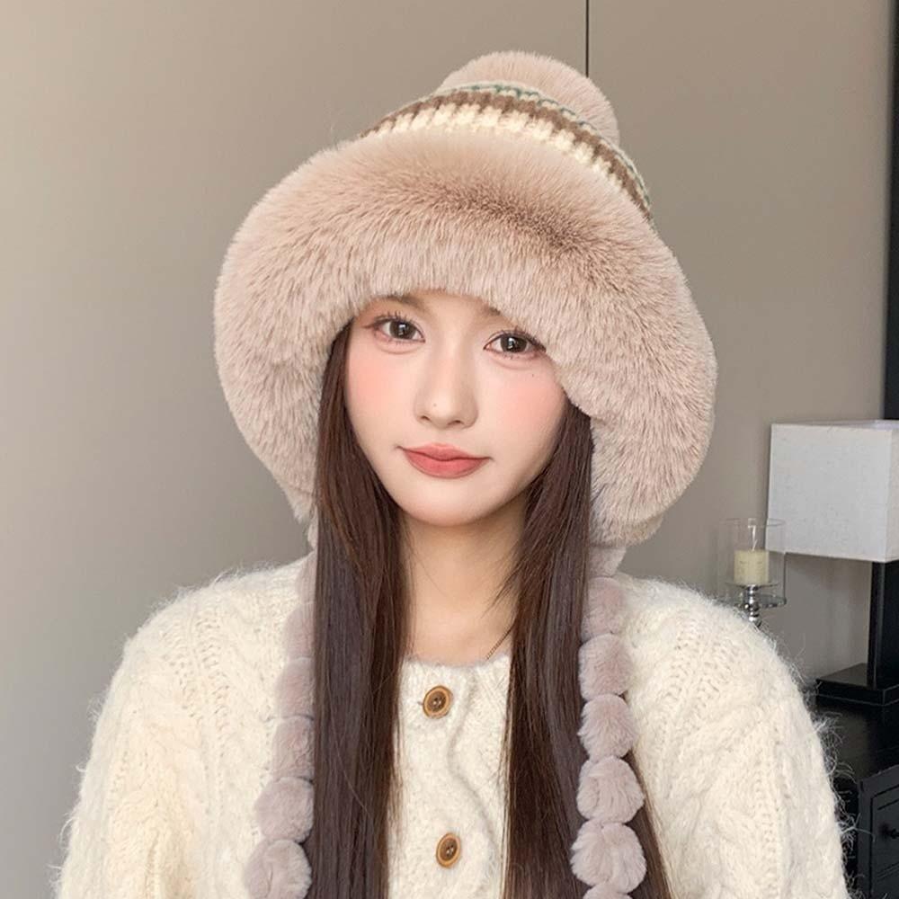 Fleece Lined Pompom Braids Hat Fur Brim Fur Trim Trapper Fleece Knit Beanie Teens
