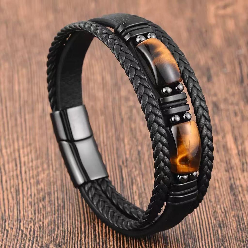 Bracciale da uomo in pelle nera a doppio strato con occhio di tigre giallo e acciaio inossidabile