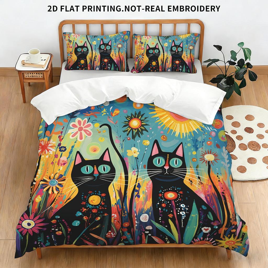 Whimsical Black Cat Art Duvet Cover Set, Colorful Floral & Sun Print Bedding, 2D Flat Printed