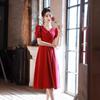 Summer new women's clothing ruffle edge medium and long red dress doll collar high-end French small red dress