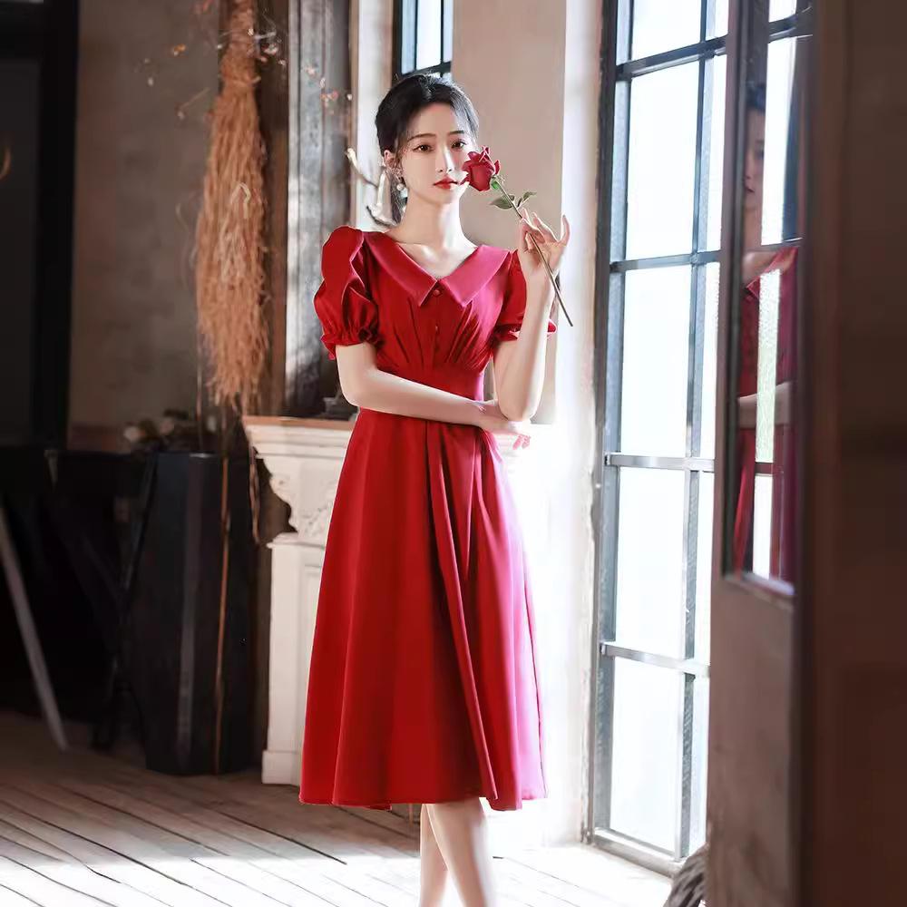 Summer new women's clothing ruffle edge medium and long red dress doll collar high-end French small red dress