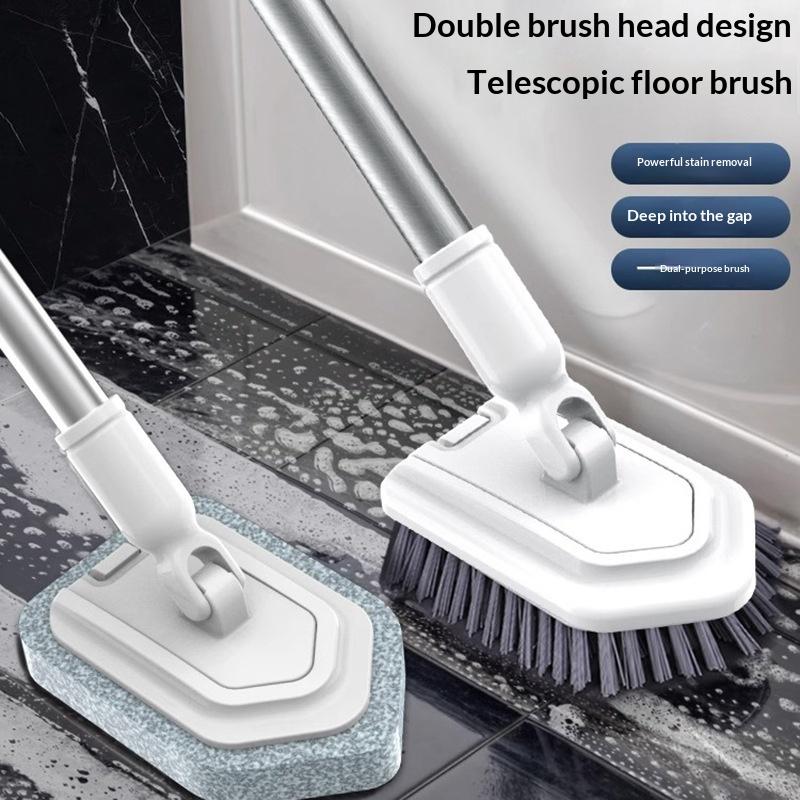 Teleskopik Uzun Saplı Temizlik Fırçası Banyo Fayans Tuvalet Üçgen Fırça Çok Fonksiyonlu Çift Fırça Başlıklı Yer Fırçası