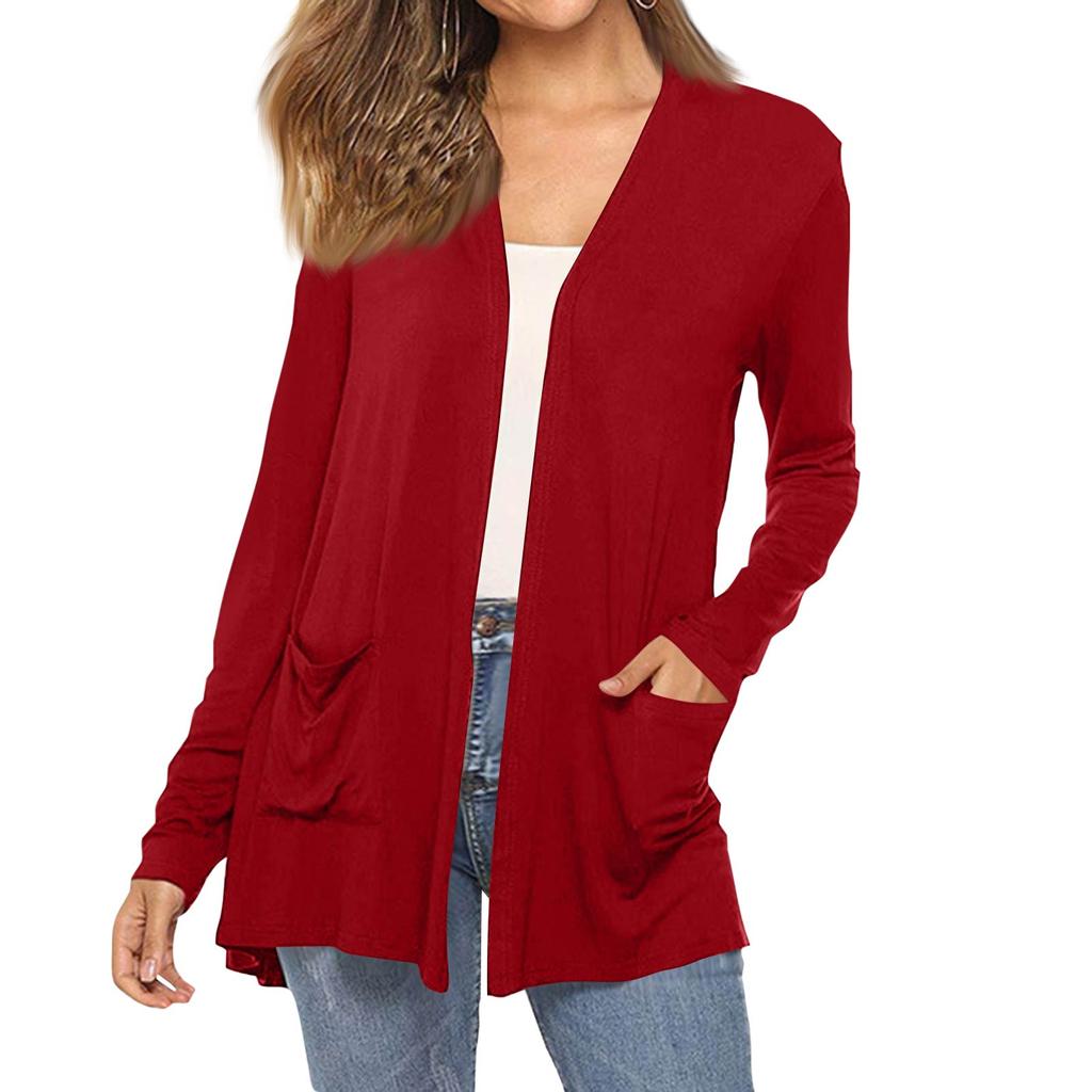 Women's Fashion Solid-Colour Long-Sleeved Pocketed Slim-Fit Cardigan Jacket