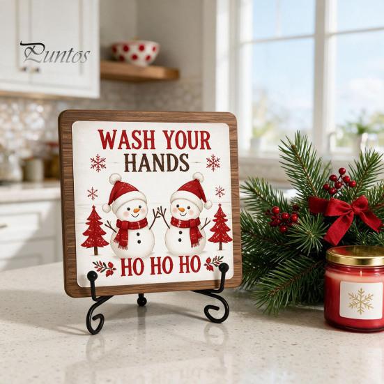 Christmas Hanging Ornament Wooden Tabletop Decor, 2D Pet Santa with Iron Stand, Rustic Festive Home Accents Holiday Sign for And Cafe Shelf,