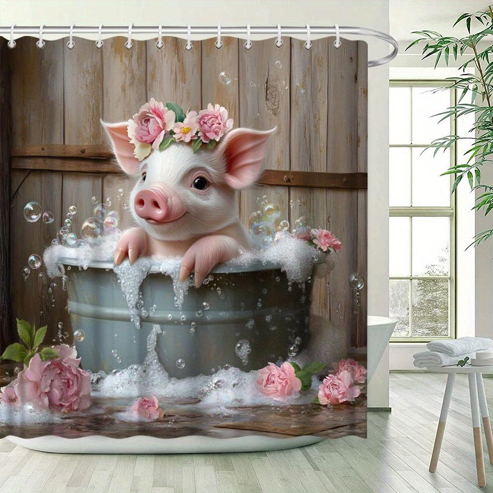 Whimsical Pink Piglet Shower Curtain, Digital Illustration, Romantic & Water-resistant, Polyester, 12 Hooks, Bathroom Decor