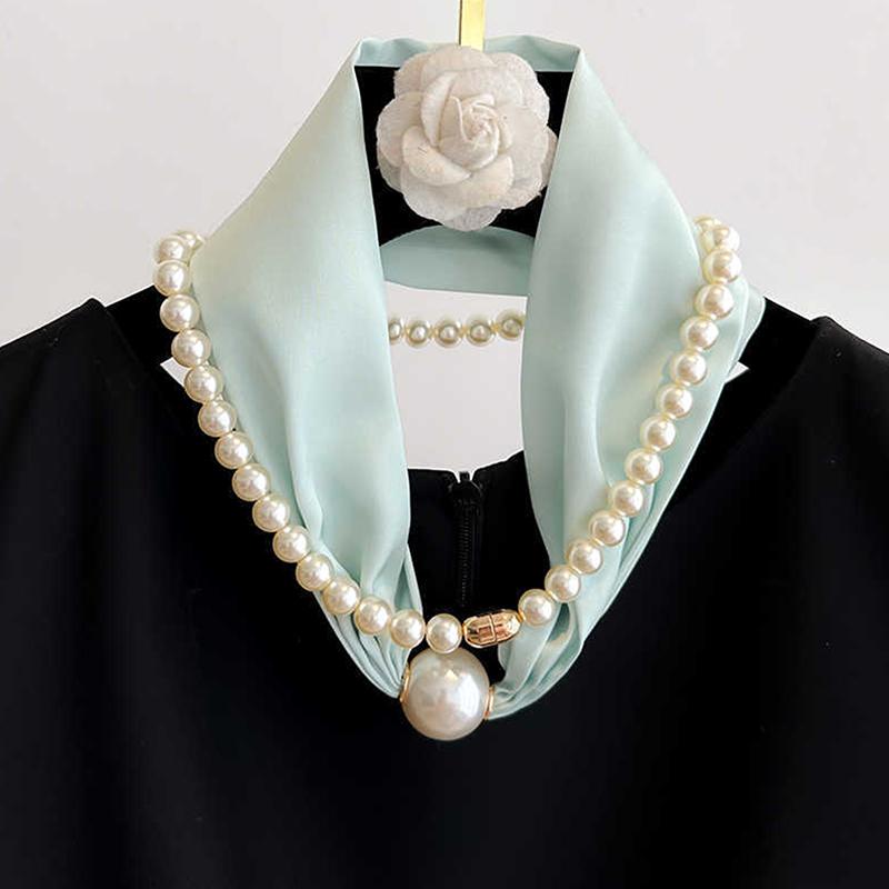 Elegant Satin Neck Scarf for Women with 2 in 1 Pearl Chain Necklace Buckle Lightweight Soft Shawl Gift for Party Office Wear