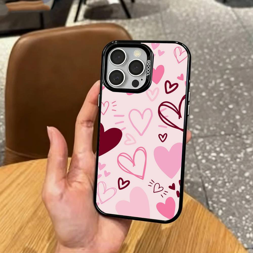C-Cute P-Pink Love Heart   Phone Case For iPhone17,16,15,14,13,12,11 Plus,Pro Max Colored Silver Plated Inside Cover