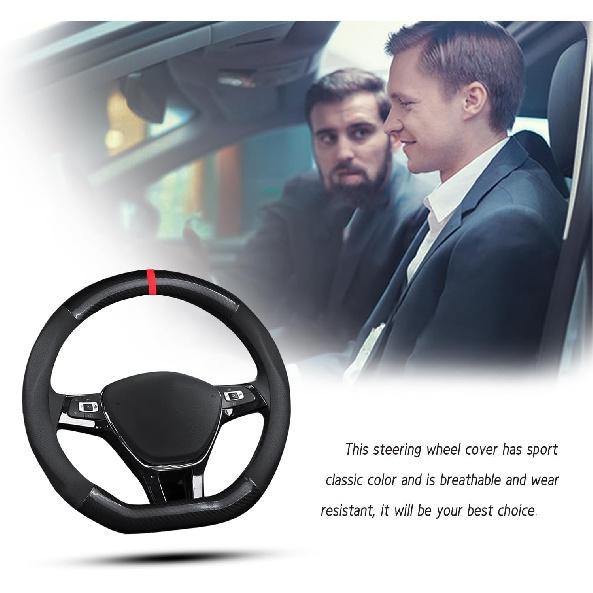 Ergocar Car Steering Wheel Cover Non-Slip Car Steering Wheel Protector Sport D-Shape Carbon Fiber & PU Leather Universal For Diameter 38Cm(15")
