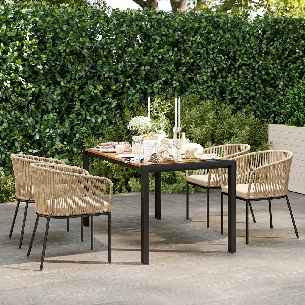 5-Piece Garden Furniture Set, 4 Chairs, 1 Table, Synthetic Rattan, Steel Frame, Washable Cushions, for Patio, Khaki