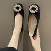Single shoes women's autumn new temperament light mouth square head pearl square buckle gentle flat shoes women