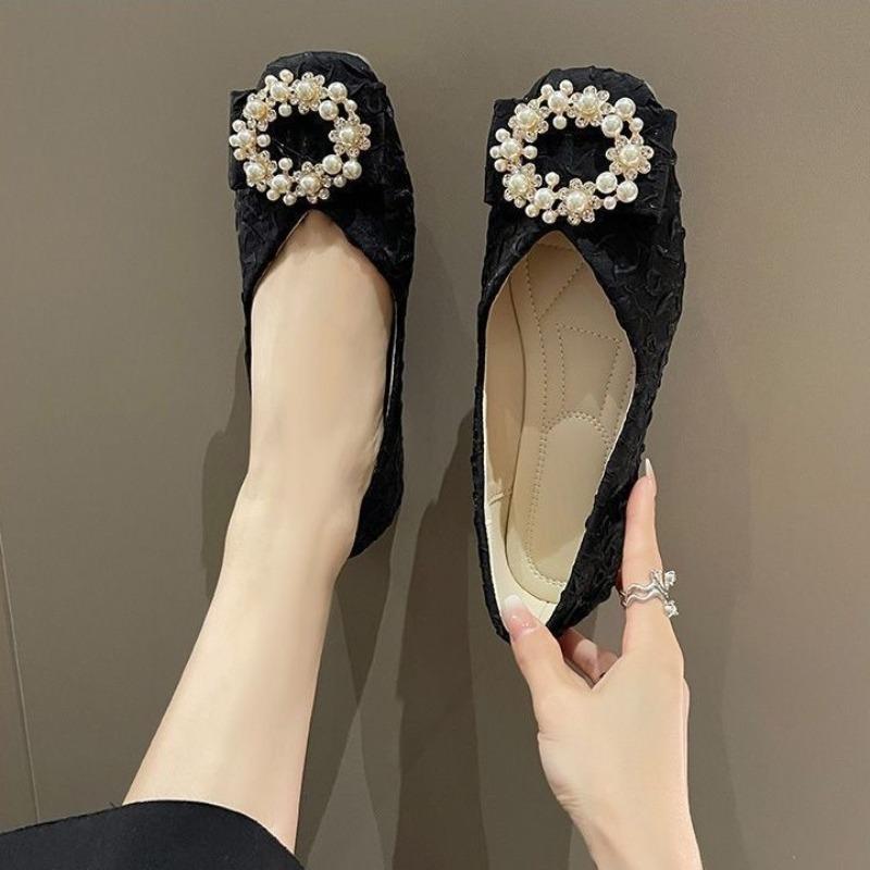 Single Shoes Women's Autumn New Temperament Light Mouth Square Head Pearl Square Buckle Gentle Flat Shoes Women